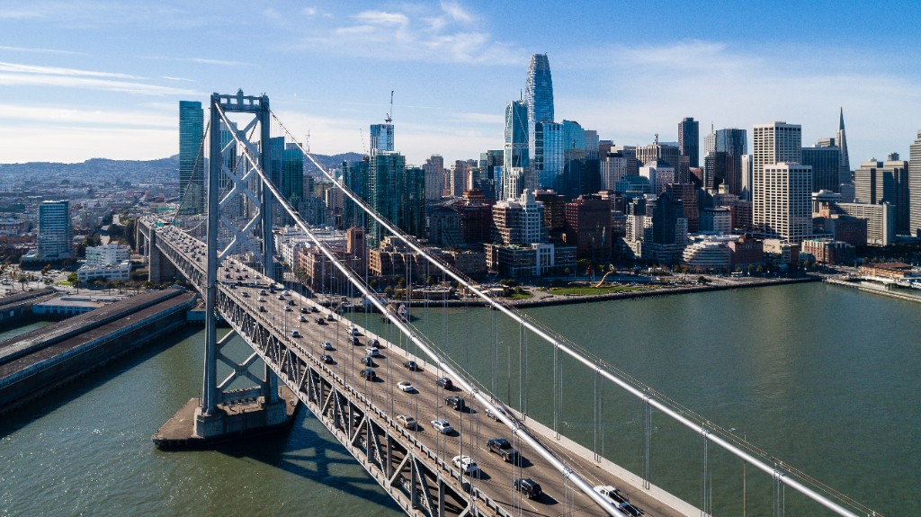 Aerial view of the San Francisco–Oakland Bay Bridge and downtown skyline